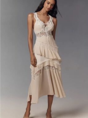 By Anthropologie Sleeveless Keyhole Tiered Lace Midi Dress